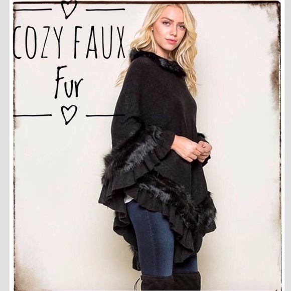 Faux Fur Trimmed Sweater Knit Poncho - Picture 4 of 8